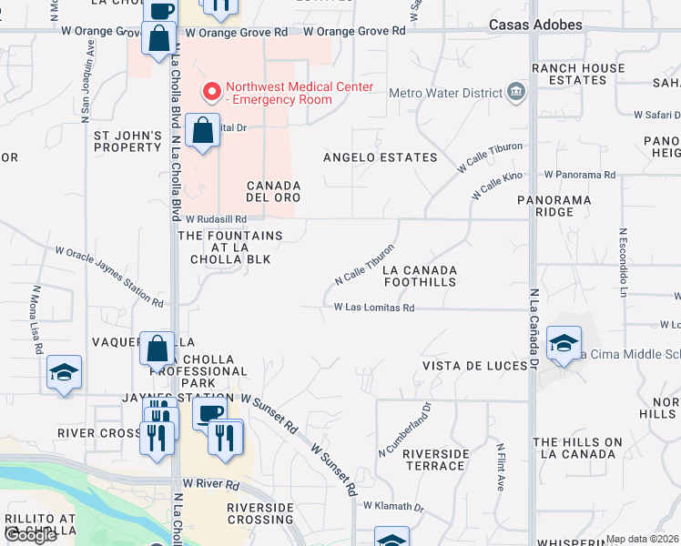 map of restaurants, bars, coffee shops, grocery stores, and more near 5825 North Calle Tiburon in Tucson
