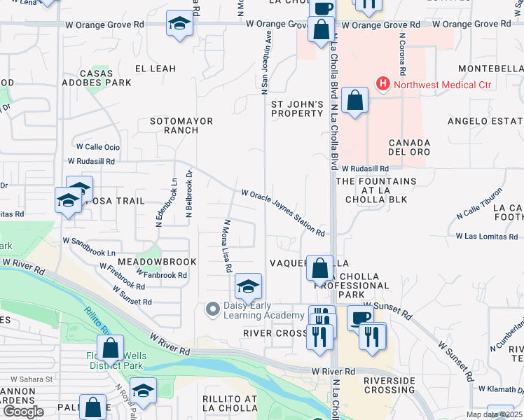 map of restaurants, bars, coffee shops, grocery stores, and more near 2300 West Ian Place in Tucson
