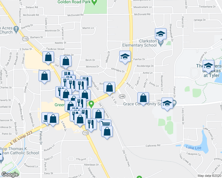 map of restaurants, bars, coffee shops, grocery stores, and more near 2506 Terilinga Drive in Tyler
