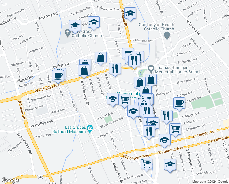 map of restaurants, bars, coffee shops, grocery stores, and more near 322 West Mountain Avenue in Las Cruces