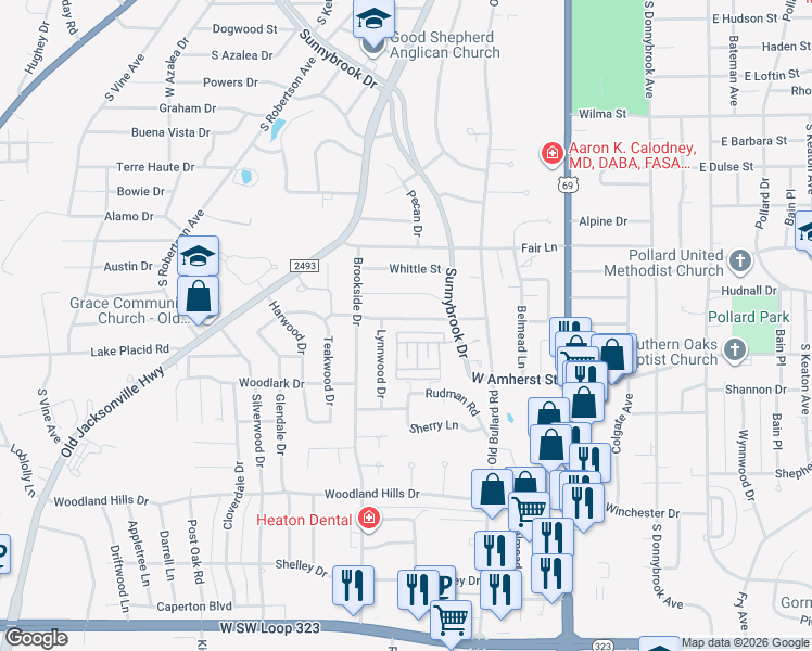map of restaurants, bars, coffee shops, grocery stores, and more near 3302 Trafalgar Square in Tyler