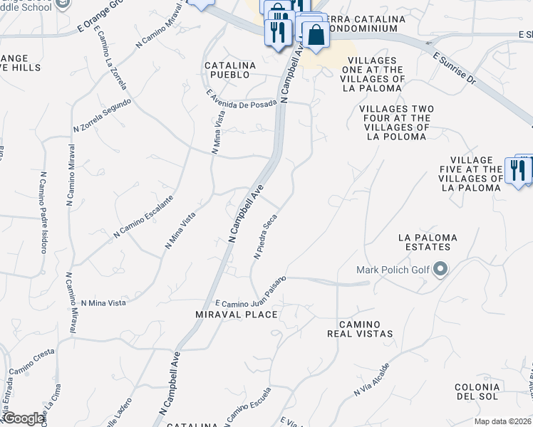 map of restaurants, bars, coffee shops, grocery stores, and more near 5830 North Piedra Seca in Tucson