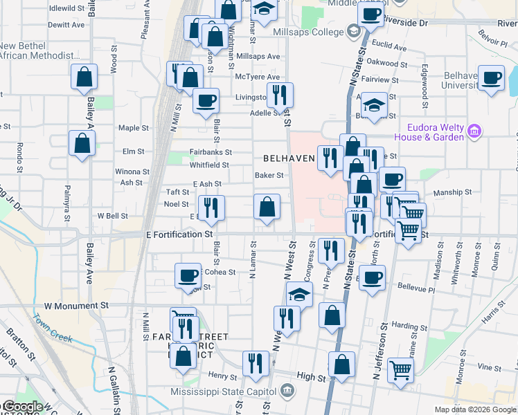 map of restaurants, bars, coffee shops, grocery stores, and more near 347 East Bell Street in Jackson