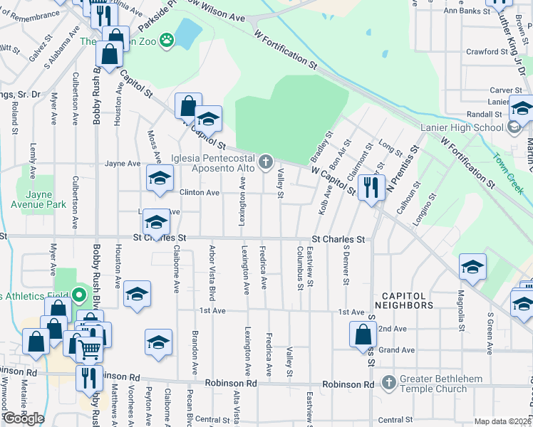 map of restaurants, bars, coffee shops, grocery stores, and more near 258 Fredrica Avenue in Jackson