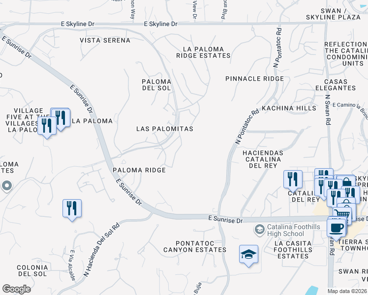 map of restaurants, bars, coffee shops, grocery stores, and more near 5874 North Misty Ridge Drive in Tucson