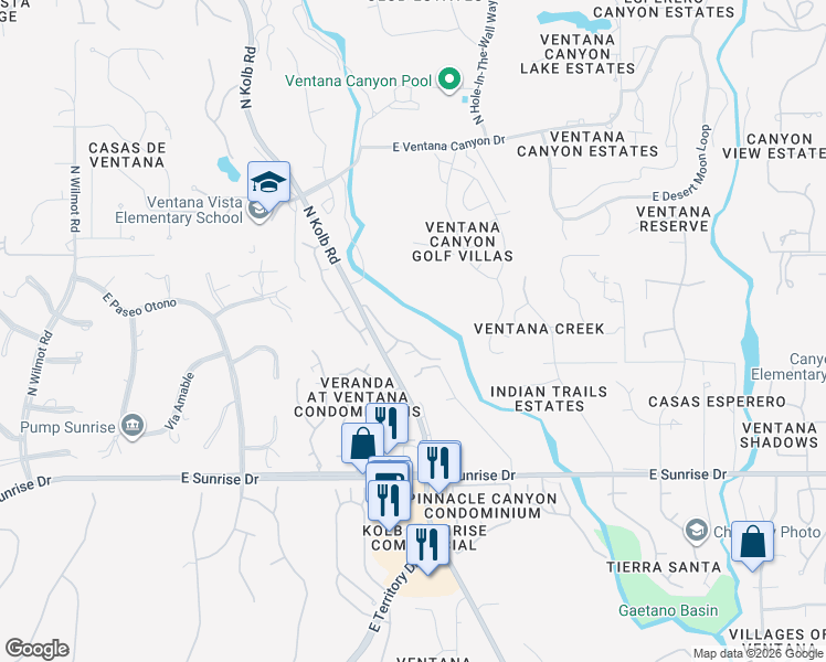 map of restaurants, bars, coffee shops, grocery stores, and more near 5800 North Kolb Road in Tucson