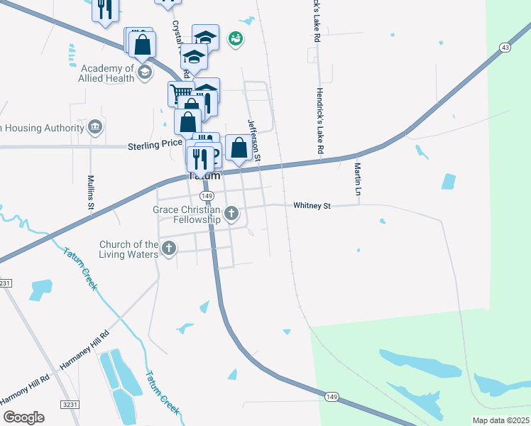 map of restaurants, bars, coffee shops, grocery stores, and more near 401 East Lee Street in Tatum