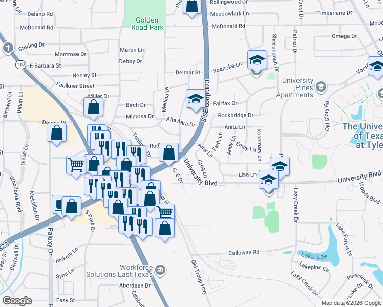 map of restaurants, bars, coffee shops, grocery stores, and more near 3231 Greg Lane in Tyler