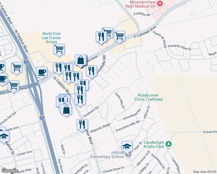 map of restaurants, bars, coffee shops, grocery stores, and more near 3197 Athenian Way in Las Cruces