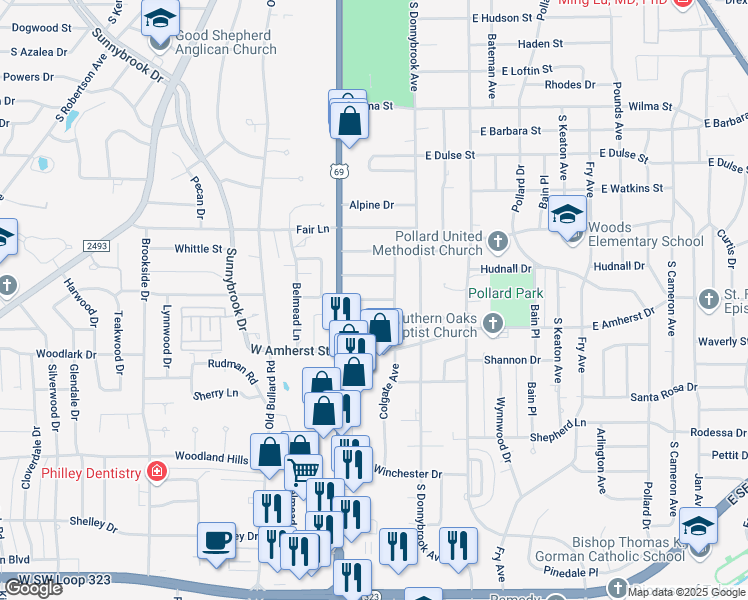 map of restaurants, bars, coffee shops, grocery stores, and more near 3310 S Broadway Ave in Tyler