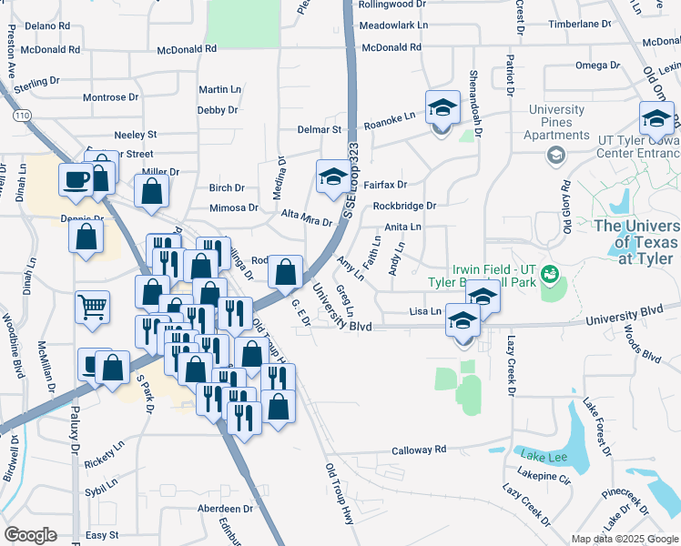 map of restaurants, bars, coffee shops, grocery stores, and more near 3148 Greg Lane in Tyler