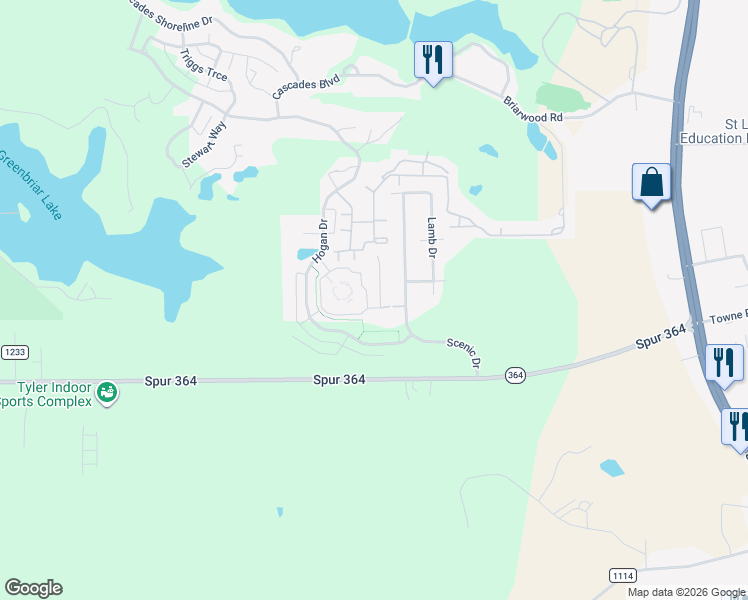 map of restaurants, bars, coffee shops, grocery stores, and more near 3456 Pine Terrace Drive in Tyler