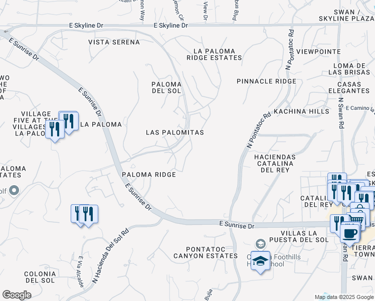 map of restaurants, bars, coffee shops, grocery stores, and more near 5887 North Misty Ridge Drive in Tucson