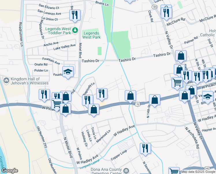 map of restaurants, bars, coffee shops, grocery stores, and more near 2595 Primavera Street in Las Cruces
