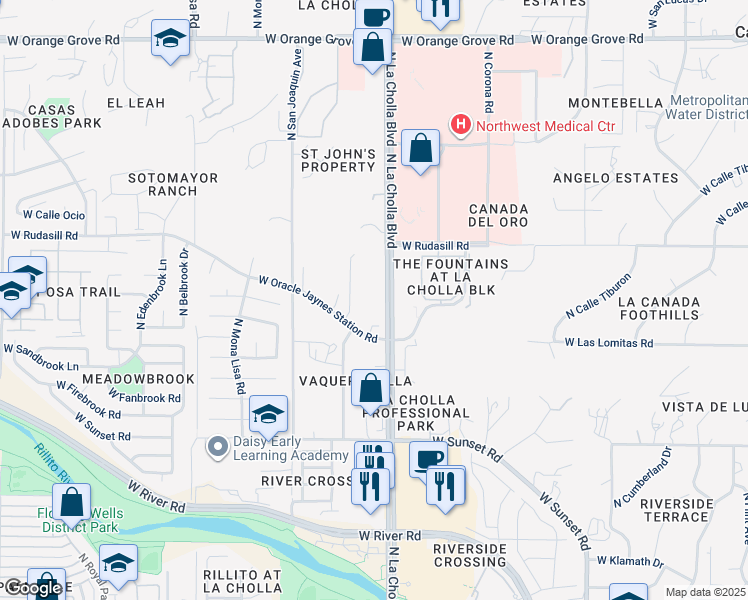 map of restaurants, bars, coffee shops, grocery stores, and more near 5820 Penumbra Court in Tucson