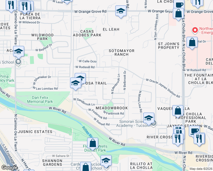 map of restaurants, bars, coffee shops, grocery stores, and more near 2661 West Edsbrook Place in Tucson