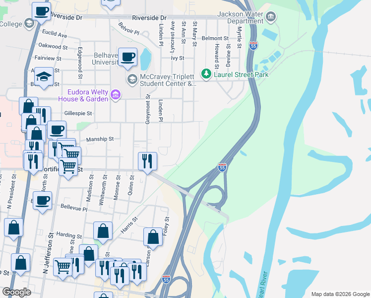 map of restaurants, bars, coffee shops, grocery stores, and more near 1114 Saint Ann Street in Jackson