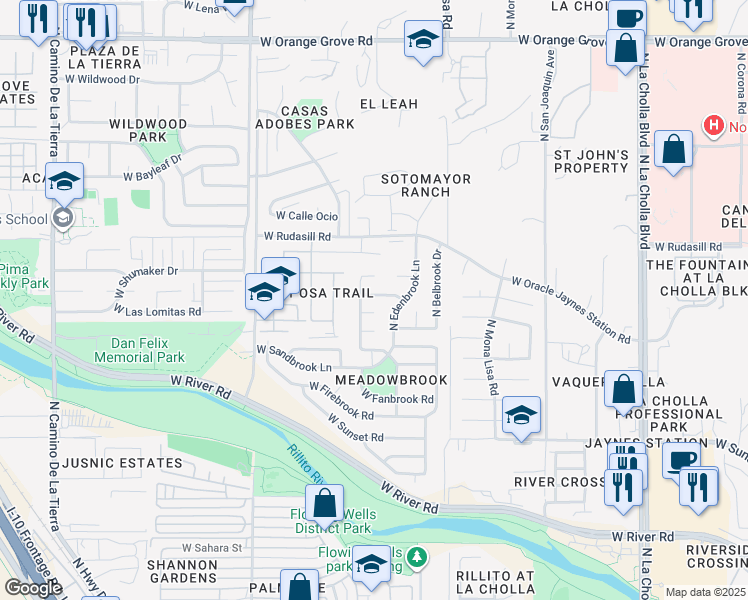 map of restaurants, bars, coffee shops, grocery stores, and more near 2661 West Edsbrook Place in Tucson
