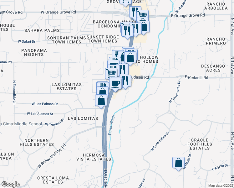 map of restaurants, bars, coffee shops, grocery stores, and more near 5902 North Oracle Road in Tucson