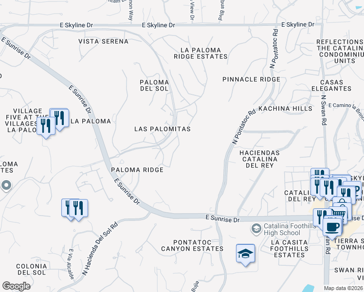 map of restaurants, bars, coffee shops, grocery stores, and more near 5874 North Misty Ridge Drive in Tucson