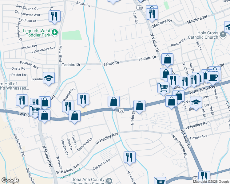map of restaurants, bars, coffee shops, grocery stores, and more near 1050 Quesenberry Street in Las Cruces