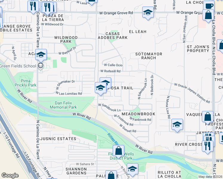 map of restaurants, bars, coffee shops, grocery stores, and more near 2801 West Duskywing Drive in Tucson