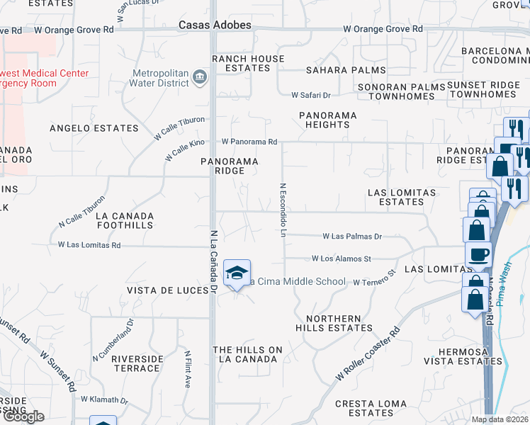 map of restaurants, bars, coffee shops, grocery stores, and more near 1244 West Las Lomitas Road in Tucson
