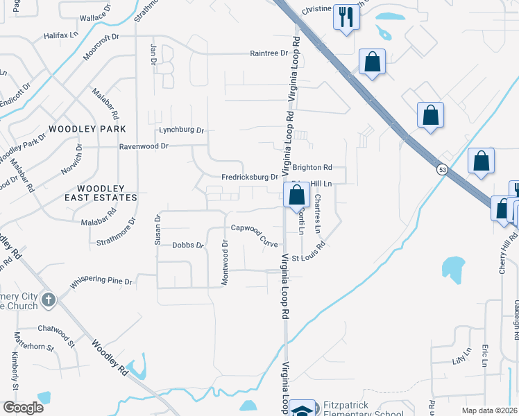 map of restaurants, bars, coffee shops, grocery stores, and more near 4604 Virginia Loop Road in Montgomery