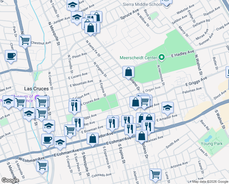 map of restaurants, bars, coffee shops, grocery stores, and more near 1045 East Las Cruces Avenue in Las Cruces
