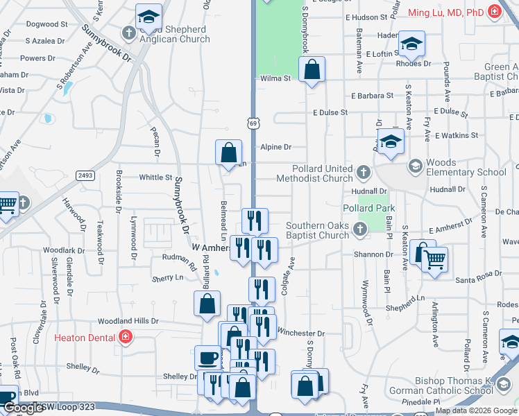 map of restaurants, bars, coffee shops, grocery stores, and more near 3112 Bracken Drive in Tyler