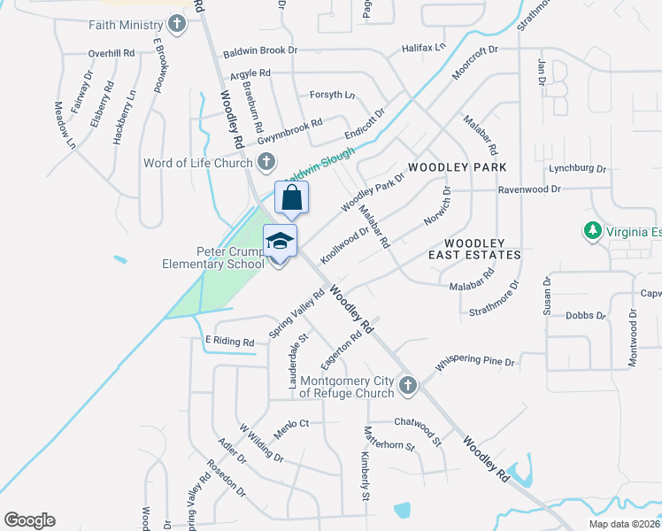 map of restaurants, bars, coffee shops, grocery stores, and more near 2636 Knollwood Drive in Montgomery