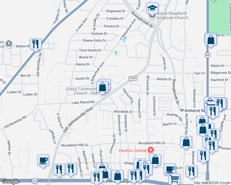 map of restaurants, bars, coffee shops, grocery stores, and more near Old Jacksonville Highway in Tyler