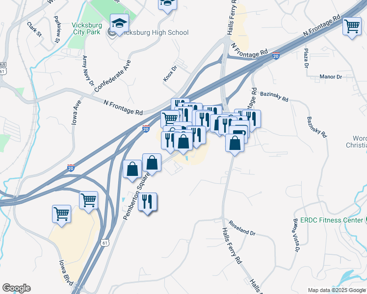 map of restaurants, bars, coffee shops, grocery stores, and more near in Vicksburg