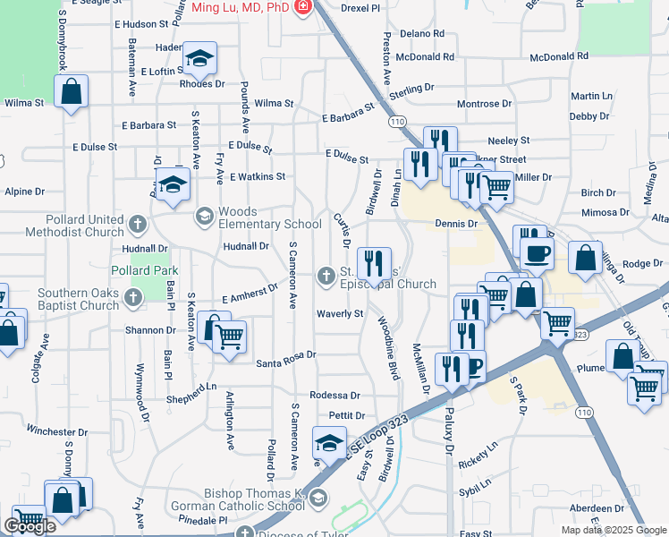 map of restaurants, bars, coffee shops, grocery stores, and more near 3216 Hallmark Place in Tyler