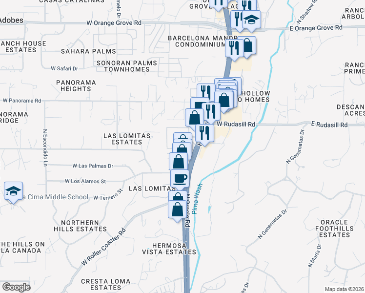 map of restaurants, bars, coffee shops, grocery stores, and more near 5901 North Oracle Road in Tucson
