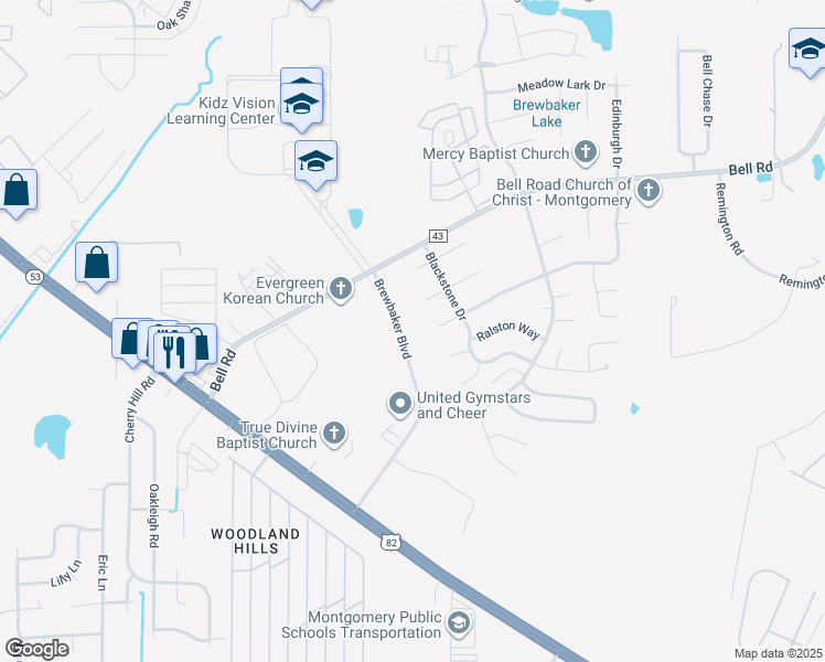 map of restaurants, bars, coffee shops, grocery stores, and more near 6016 Portsmouth Court in Montgomery
