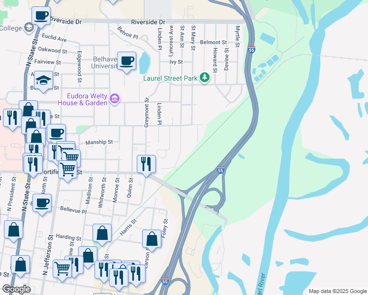 map of restaurants, bars, coffee shops, grocery stores, and more near 1211 Saint Ann Street in Jackson
