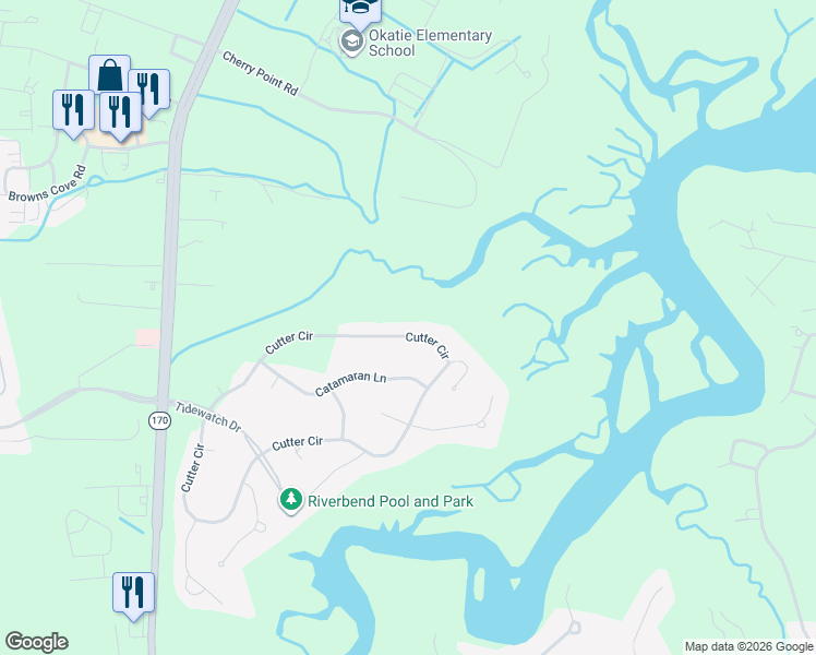 map of restaurants, bars, coffee shops, grocery stores, and more near 144 Cutter Cir in Bluffton