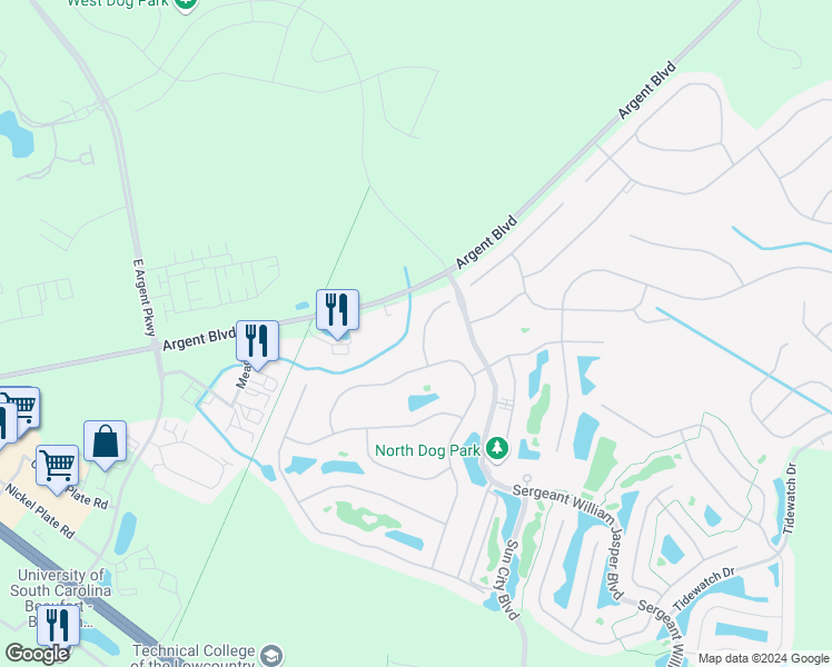 map of restaurants, bars, coffee shops, grocery stores, and more near 145 Springtime Court in Bluffton