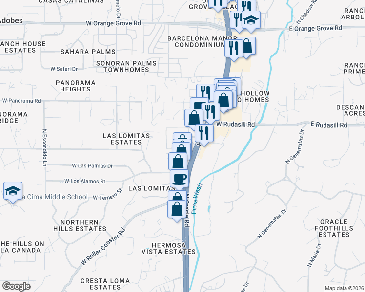 map of restaurants, bars, coffee shops, grocery stores, and more near 5901 North Oracle Road in Tucson