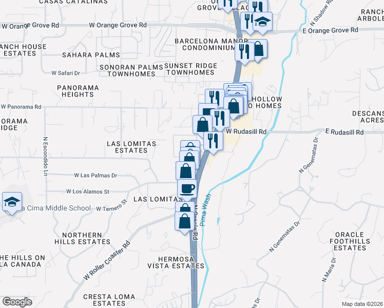 map of restaurants, bars, coffee shops, grocery stores, and more near 5901 North Oracle Road in Tucson