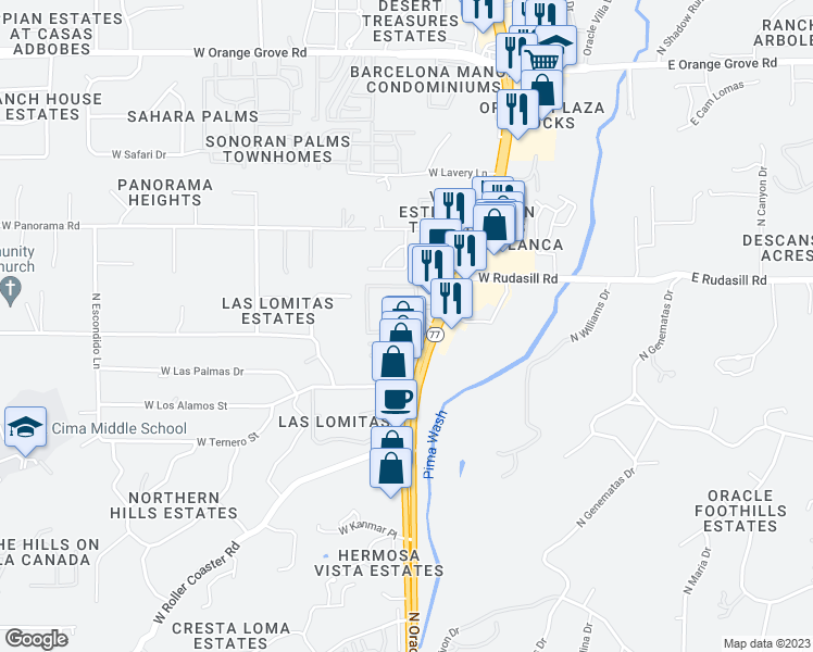 map of restaurants, bars, coffee shops, grocery stores, and more near 5901 North Oracle Road in Tucson