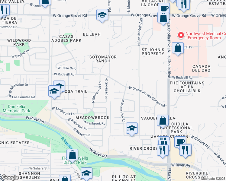 map of restaurants, bars, coffee shops, grocery stores, and more near 5940 North Jaynes Circle in Tucson