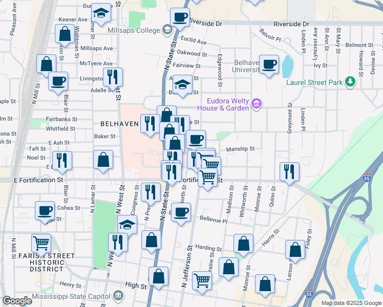 map of restaurants, bars, coffee shops, grocery stores, and more near 1204 North Jefferson Street in Jackson