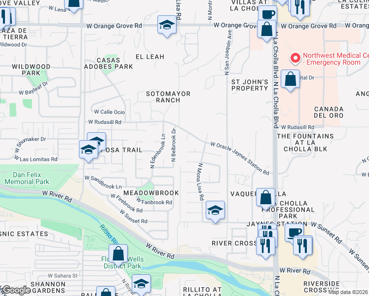 map of restaurants, bars, coffee shops, grocery stores, and more near 5940 North Jaynes Circle in Tucson