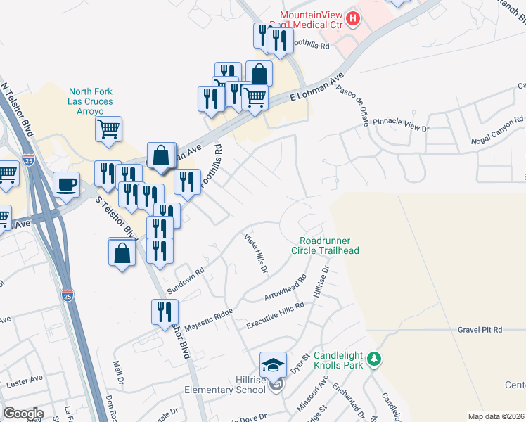 map of restaurants, bars, coffee shops, grocery stores, and more near 776 City View Drive in Las Cruces