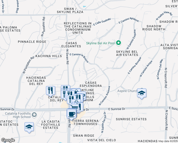 map of restaurants, bars, coffee shops, grocery stores, and more near 5920 North Camino Esplendora in Tucson