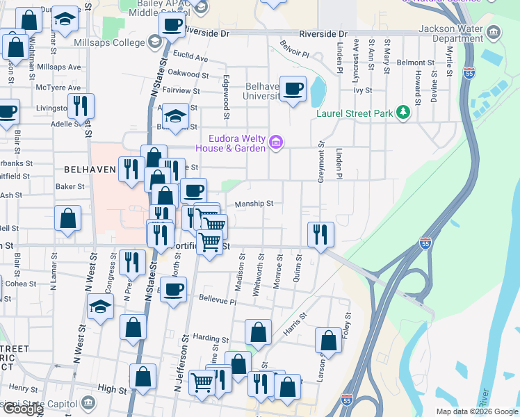 map of restaurants, bars, coffee shops, grocery stores, and more near 1100 Manship Street in Jackson