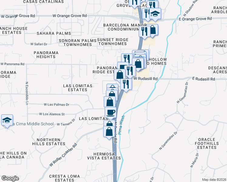 map of restaurants, bars, coffee shops, grocery stores, and more near 5901 North Oracle Road in Tucson