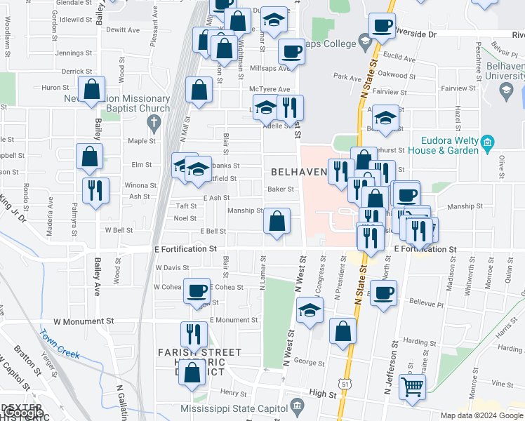 map of restaurants, bars, coffee shops, grocery stores, and more near 299 Manship Street in Jackson